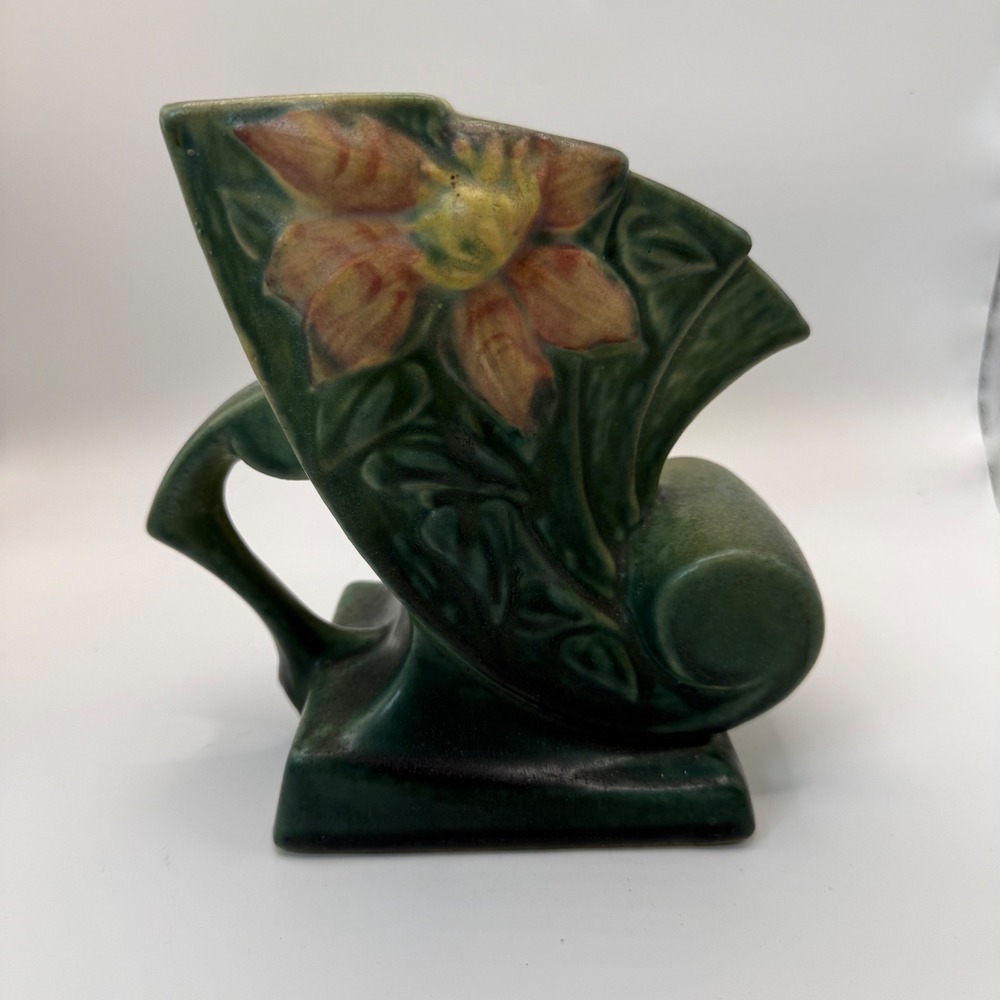 Roseville Pottery Clematis Green Cornucopia Vintage Mid Century Art Deco